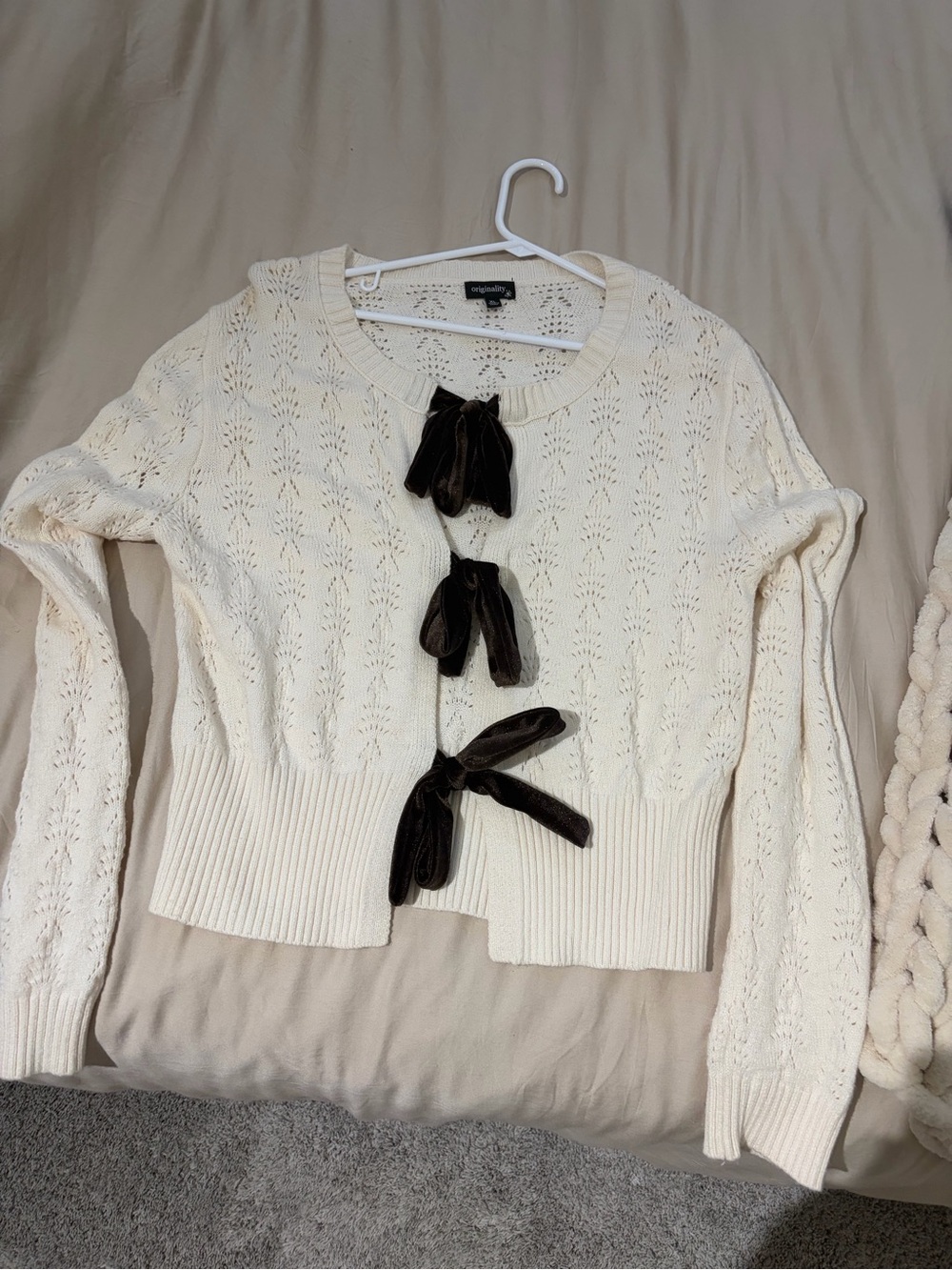 Cream knit sweater / cardigan with Velvet Bow Ties - Never Worn